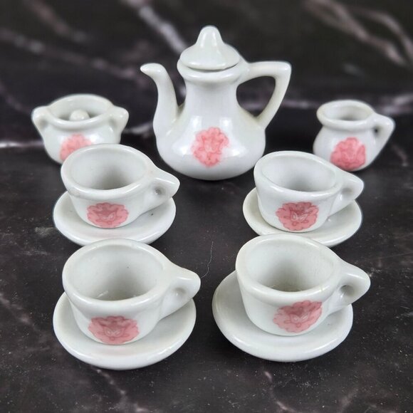 Porcelain Miniature Tea Set White Pink 21 Pieces Display Only Not a Toy - Picture 8 of 12
